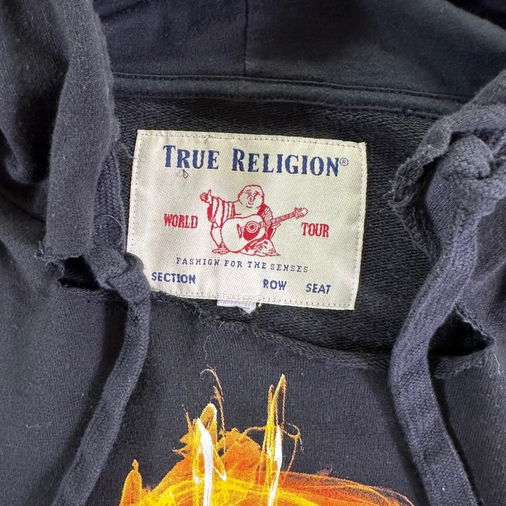 True Religion Hoodie Men's Large Black Flaming Dollar Sign Graphic Pullover - Picture 2 of 6